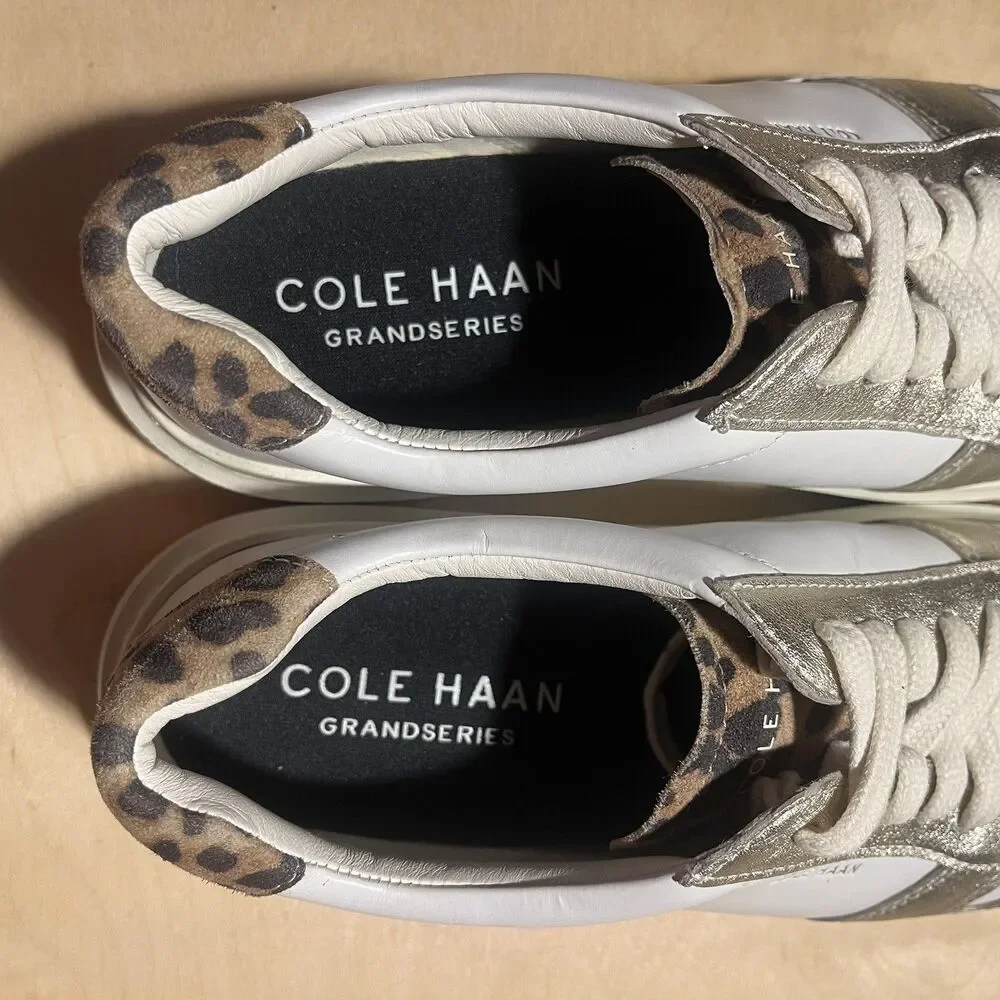 Cole Haan Women GrandPro Rally Court White Gold Leather Leopard Sneaker Size 6.5